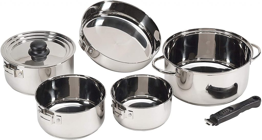 Heavyduty Stansport stainless steel cookware with removable handles for induction cooktops