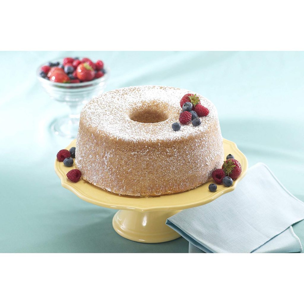 "sample of baked cake using nordic ware platinum that is round with hole in middle