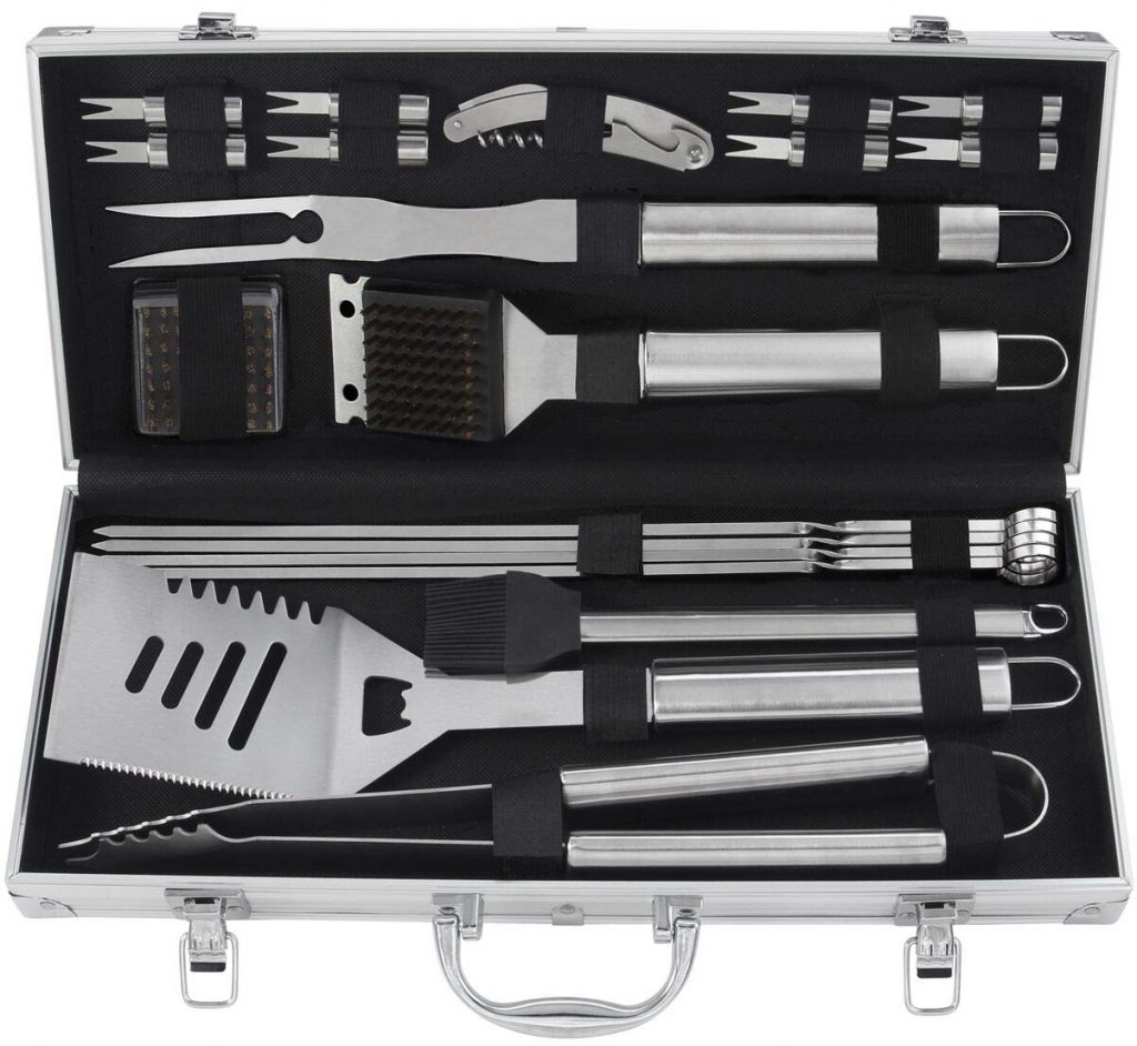 Grilljoy stainless steel accessories in aluminum storage for barbecue tools and accessories.