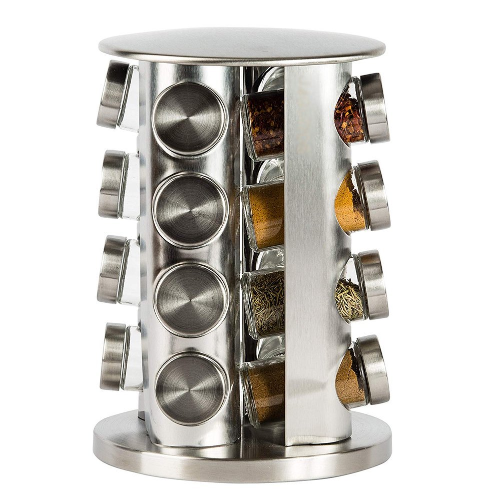 Double revolving counter top spice rack organization set with 16 jars set