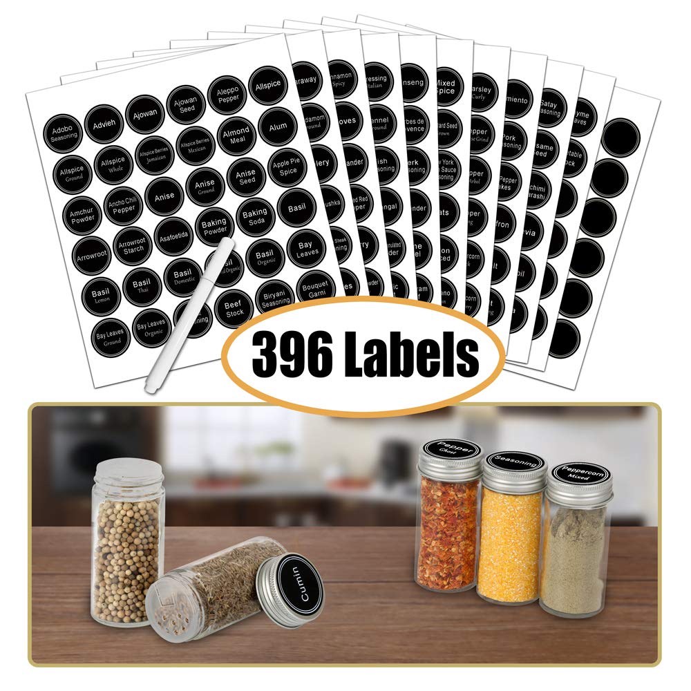spice rack with 396 labels of spice jars with chalk marker and funnel complete set for counter top or cabinet
