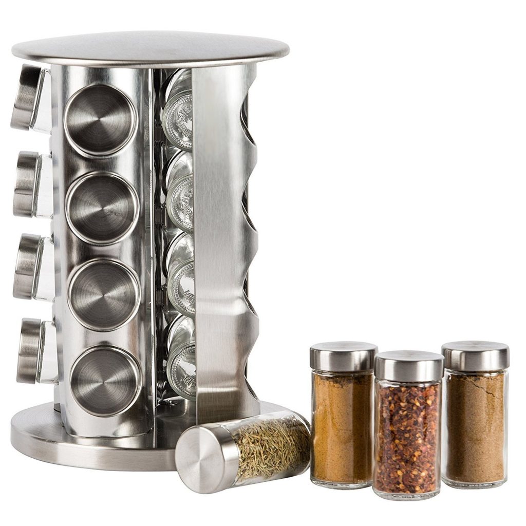 stainless steel revolving counter top spice rack organizer for kitchen with 16 jars