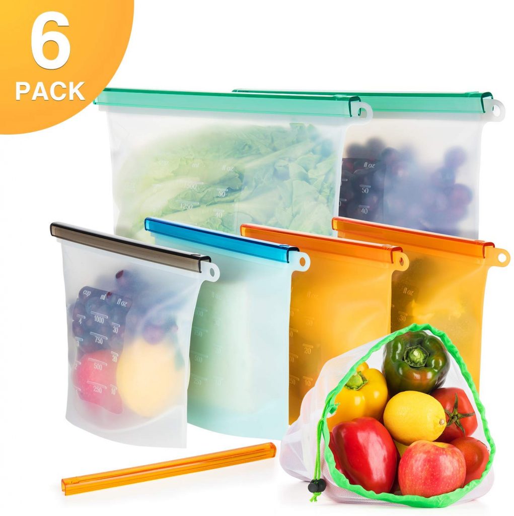 Reusable silicone food storage bag, 6 packs