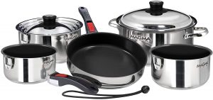 Magma nesting stainless steel cookware set with detachable handles