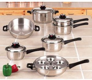 Waterless stainless steel stackable pots and pans with removable handles