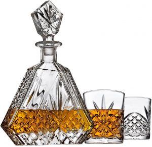 Irish cut triangle whiskey decanter set with two glasses