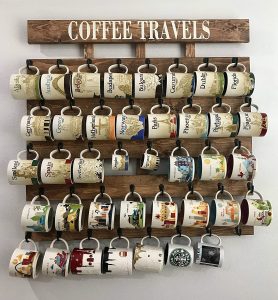 Rustic wood coffee rack mug collection display