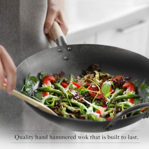 hand hammered best carbon steel flat bottom Wok for Electric, gas and Induction stove top