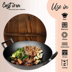 Nutrichef Pre-seasoned cast iron Wok for Electric, gas, ceramic and induction stove tops
