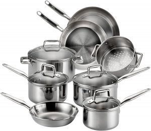 Tfal stainless steel cookware set on glass top stove