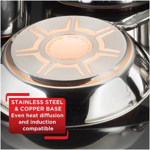 Induction copper base of the Tefal stainless steel cookware set can be used for gas and induction cooktops