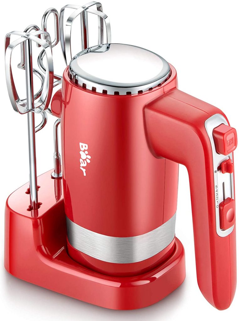 Kitchen hand mixer with storage base, stainless steel beaters and dough hooks