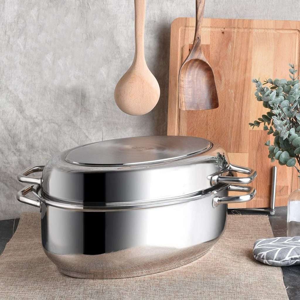 Rudolf stainless steel roasting pan with lid for all stovetops