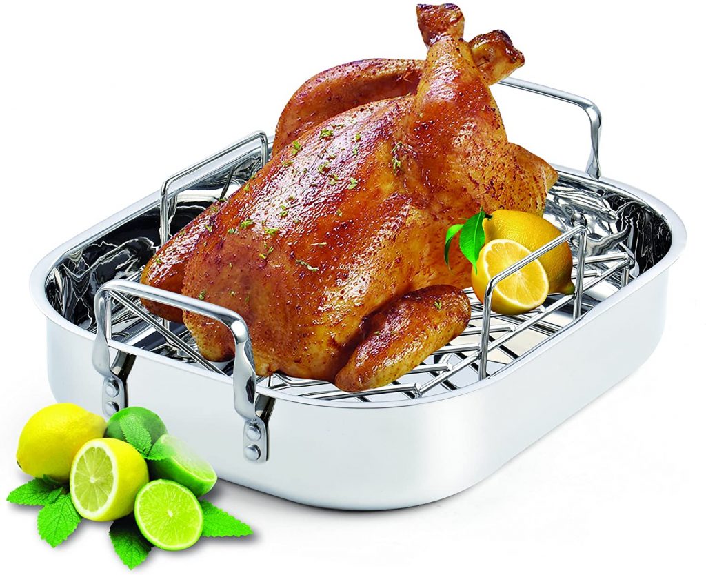 Stainless steel cooks roasting pan with rack for prime rib